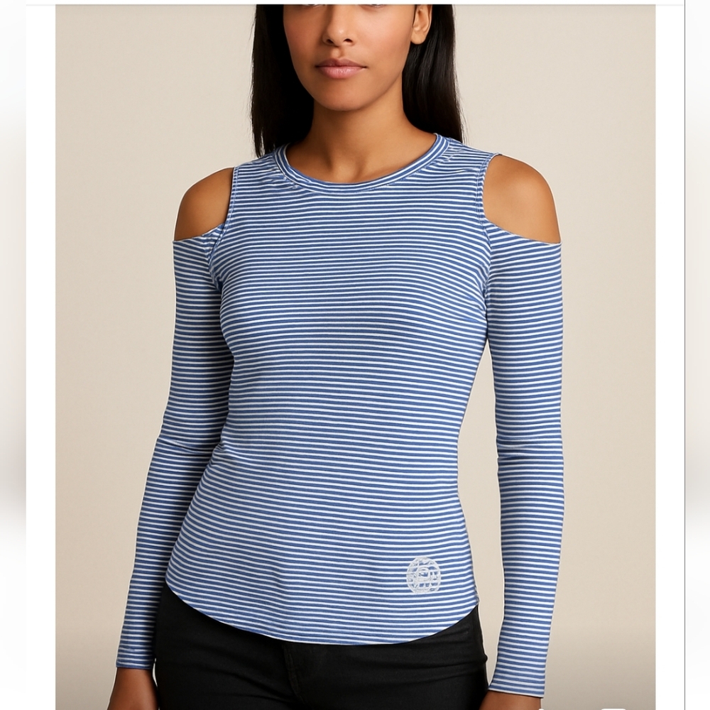 Michael Kors Blue and White Long Sleeve Cold Shoulder Shirt EUC!